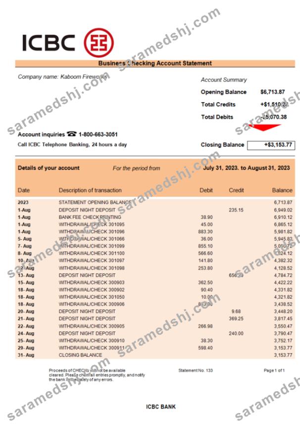 ICBC bank business checking account statement Word and PDF template